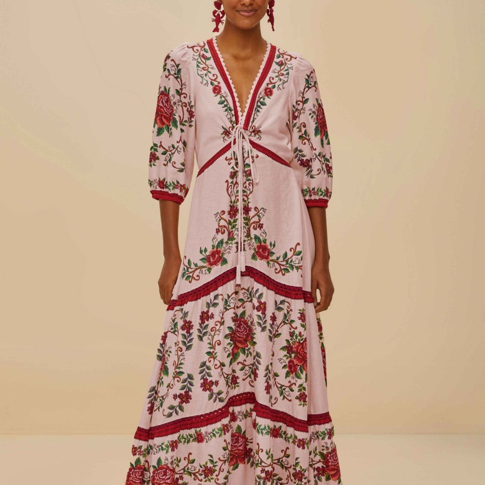 FARM Rio Floral Embroidered Dress - Pink and Red